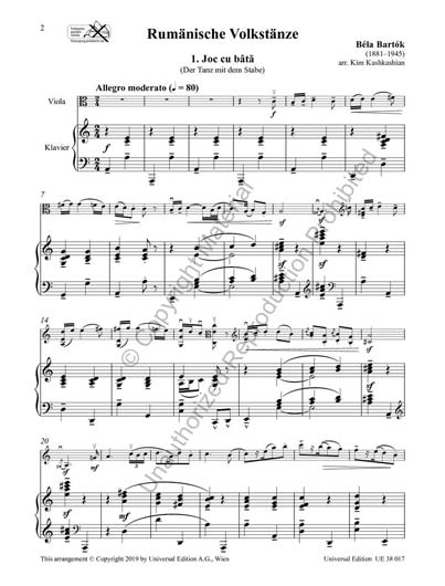 Bartók - Romanian Folk Dances for Viola and Piano (UE)