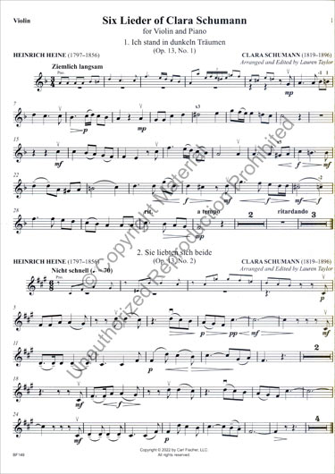Clara Schumann - Six Lieder for Violin and Piano (FISCH)