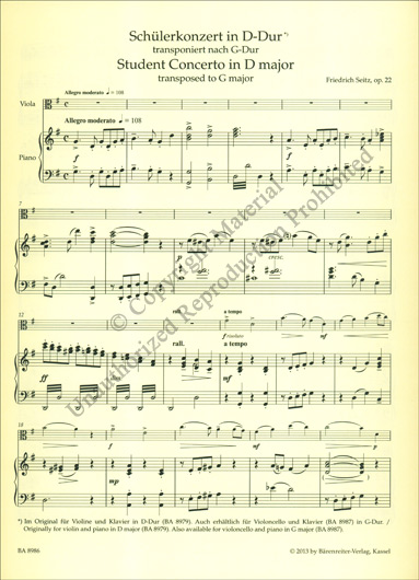 Seitz - Student Concerto No. 5 in D Major Op. 22 for Viola (BAR)